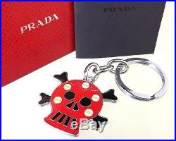 100%Auth PRADA Key Ring Silver-Tone Skeleton Skull Motif Red Black Italy W / Box