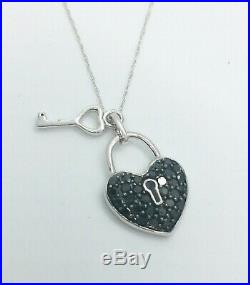 10K WHITE GOLD. 65 CT t. W. Genuine black Diamond lock key PENDANT Charm necklace