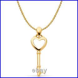 14K Yellow Gold Key &Heart Charm Pendant &1.5mm Flat Open Wheat Chain Necklace
