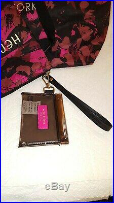 3 pcs Set HENRI BENDEL Pink Black Camo Floral Tote with Zip Pouch and Key Chain