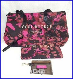 3 pcs Set HENRI BENDEL Pink Black Camo Floral Tote with Zip Pouch and Key Chain