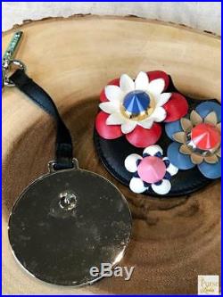 $385 FENDI Black Leather Flower Embellished Mirror Bag Charm Key Chain SALE