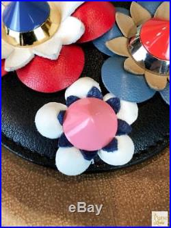 $385 FENDI Black Leather Flower Embellished Mirror Bag Charm Key Chain SALE