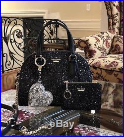 3PCS Kate Spade Laurel Way Mini Riley Glitter Handbag+Wristlet+ charm Key chain