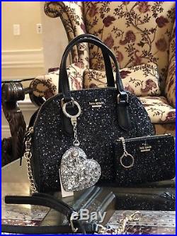 3PCS Kate Spade Laurel Way Mini Riley Glitter Handbag+Wristlet+ charm Key chain