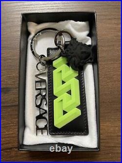 $425 New in Box Versace La Greca Medusa Key Chain Ring Black Neon Green Gunmetal
