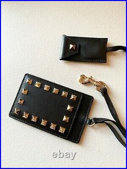 $495 Valentino Rockstud Leather Card Case Cardholder Keychain Keyring Black