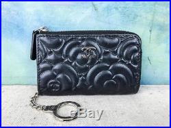 $650 CHANEL Camellia Black Floral Embossed Leather Key Holder Wallet Logo SALE