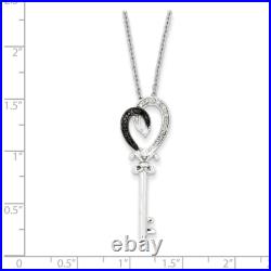925 Sterling Silver Black White Diamond Heart Key 18 inch Chain Necklace 2 in