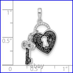925 Sterling Silver Black White Diamond Heart Key Necklace 18 with 2 Extender