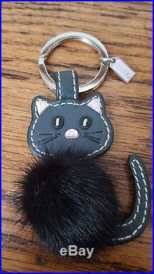 92945 COACH Leather Mink Fur Black Cat Kitten Keychain Key Ring Fob Rare