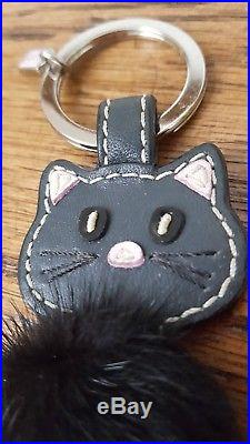 92945 COACH Leather Mink Fur Black Cat Kitten Keychain Key Ring Fob Rare
