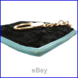 AUTH CHANEL coin purse with key chain coin purse Calf Hair Black/Turquoise 0226