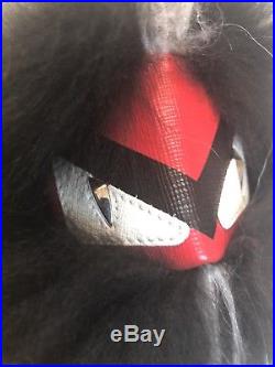 AUTH Fendi BLACK/RED Monster Fur Pom Pom'Bag Bugs' Key Chain Bag Charm