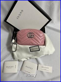 AUTH Gucci Marmont GG pink Leather Mini Accessories Pouch key chain with BOX