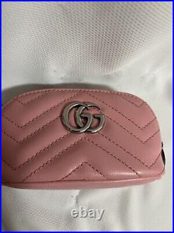 AUTH Gucci Marmont GG pink Leather Mini Accessories Pouch key chain with BOX