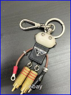 AUTH Prada Keyring Bag Charm Key Holder Robot Logo Black A-1732