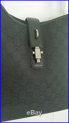 Auth Black Gucci Monogram GG Piston Lock Hobo Shoulder/Crossbody & Key Chain