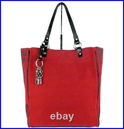 Auth Burberry London Blue Label Tote Hand Bag Red Cotton & Black Leather Purse