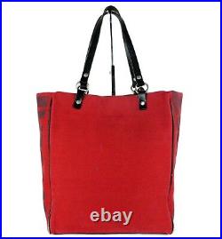 Auth Burberry London Blue Label Tote Hand Bag Red Cotton & Black Leather Purse
