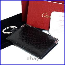 Auth CARTIER Black Snake Leather Key Ring Mini Photo Holder Case France Good in