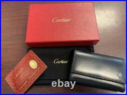 Auth Cartier Pasha Logo Key Case Ring Black Leather withBox & Card