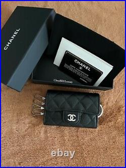Auth Chanel Black Caviar 4 Ring Key Holder with Silver hdw -Excellent