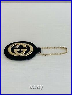 Auth GUCCI Key Ring Bag Charm. Black Leather Gold Hardware Vintage. Double G