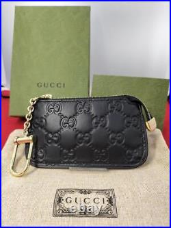Auth GUCCI Shima Coin Purse Wallet Key Ring Chain GG Logo Black Gold with Box