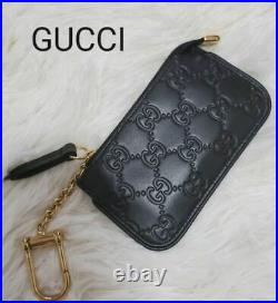 Auth Gucci Coin Purse MINI Wallet Key Chain GG Black Leather Italy
