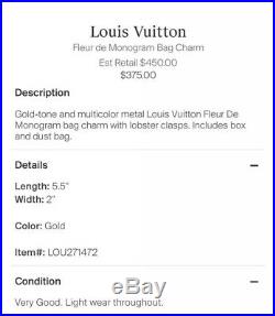 Auth Louis Vuitton Fleur De Monogram Bag Charm Gold/Black/Beige M67119 h22298