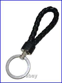 Authentic BOTTEGA VENETA Key ring Intrecchart Silver Leather Black Men Keychain