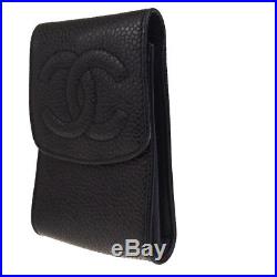 Authentic CHANEL CC Logos Coin Key Chain Case Wallt Leather Black Itlay 69BC195