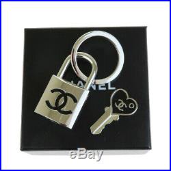 Authentic CHANEL CC Padlock Bag Charm Key Ring Silver Plated Black 07P 30BG819