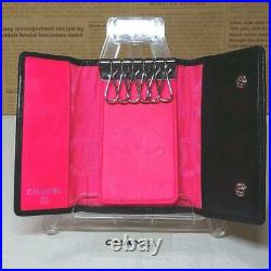 Authentic CHANEL Cambon Key Case Key Chain 6 Stations CC Logo Black Pink Women's