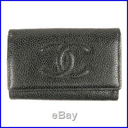 Authentic CHANEL Caviar Skin Coco Mark Key Case 6 Rings Black Used F/S