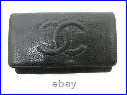 Authentic CHANEL Caviar Skin Key Case Leather Black 93922