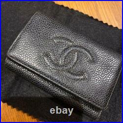 Authentic CHANEL Key Case Key Chain Caviar Skin Coco Mark Logo Black Women's Box