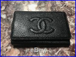 Authentic CHANEL bag black caviar leather key chain wallet ring holder fob-$800