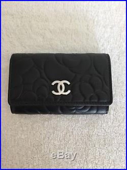 Authentic Chanel Camellia 6 Ring Key Case Holder Black Lambskin Silver Hardware