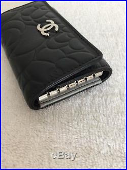 Authentic Chanel Camellia 6 Ring Key Case Holder Black Lambskin Silver Hardware