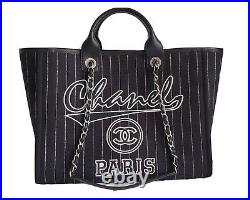 Authentic Chanel Deauville Large Shopping Tote Pouch Canvas Calfskin Black 2023