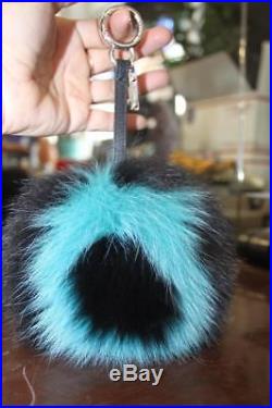 Authentic FENDI Monster Bug Letter O Black/Turquoise Fur Bag Charm Keychain