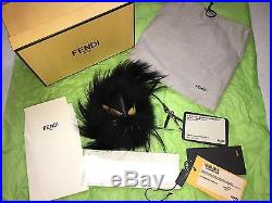 Authentic Fendi Black Monster Bag Bug Fur Charm Yellow Eyes Keychain