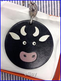 Authentic HERMES Black Cow Bull Bag Charm Keychain RARE