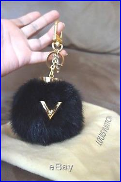 Authentic Louis Vuitton Mink Fur Black V Bubble Bag Charm key chain charm