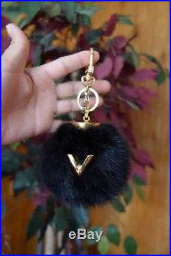 Authentic Louis Vuitton Mink Fur Black V Bubble Bag Charm key chain charm