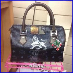 Authentic MCM Lion Boston Small Black Handbag with Key Chain
