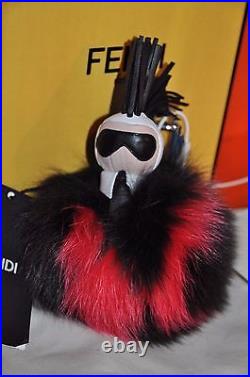 Authentic New Fendi Karl Pompon Karlito Black Red Fox Fur Monster Key Chain Bag
