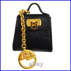 Authentic Salvatore Ferragamo Gancini Bag Key Chains Leather Black Italy AK28176